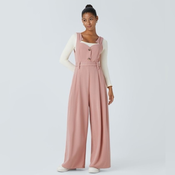 HALARA Pants - HALARA‎ Ribbed Asymmetric Neck Sleeveless Button Belted Wide Leg Casual Jumpsuit